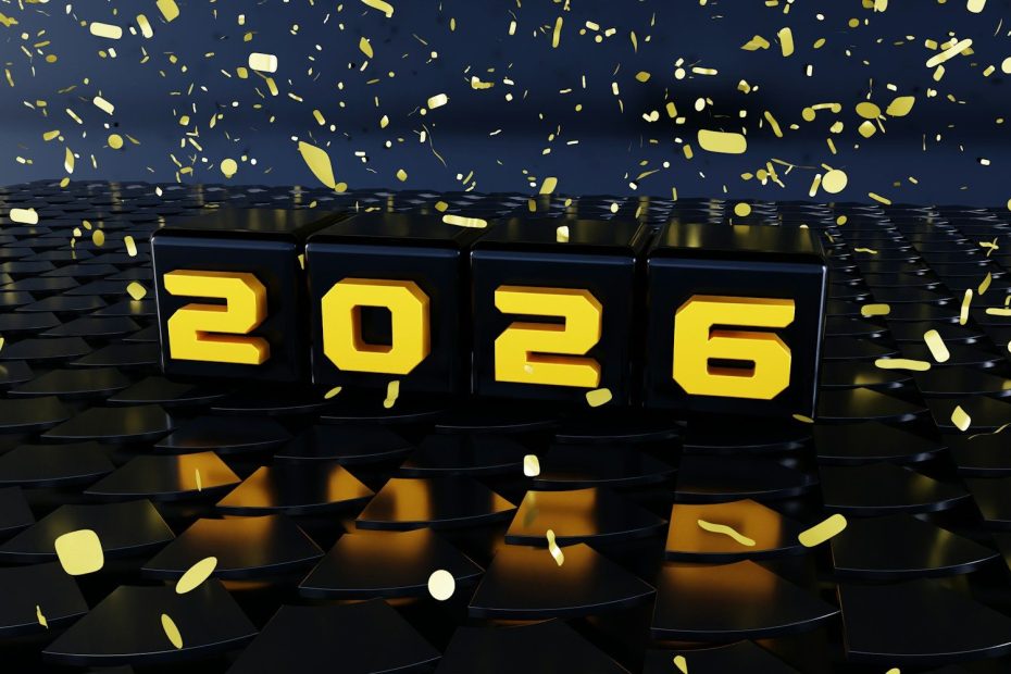 The year 2026 displayed with confetti.